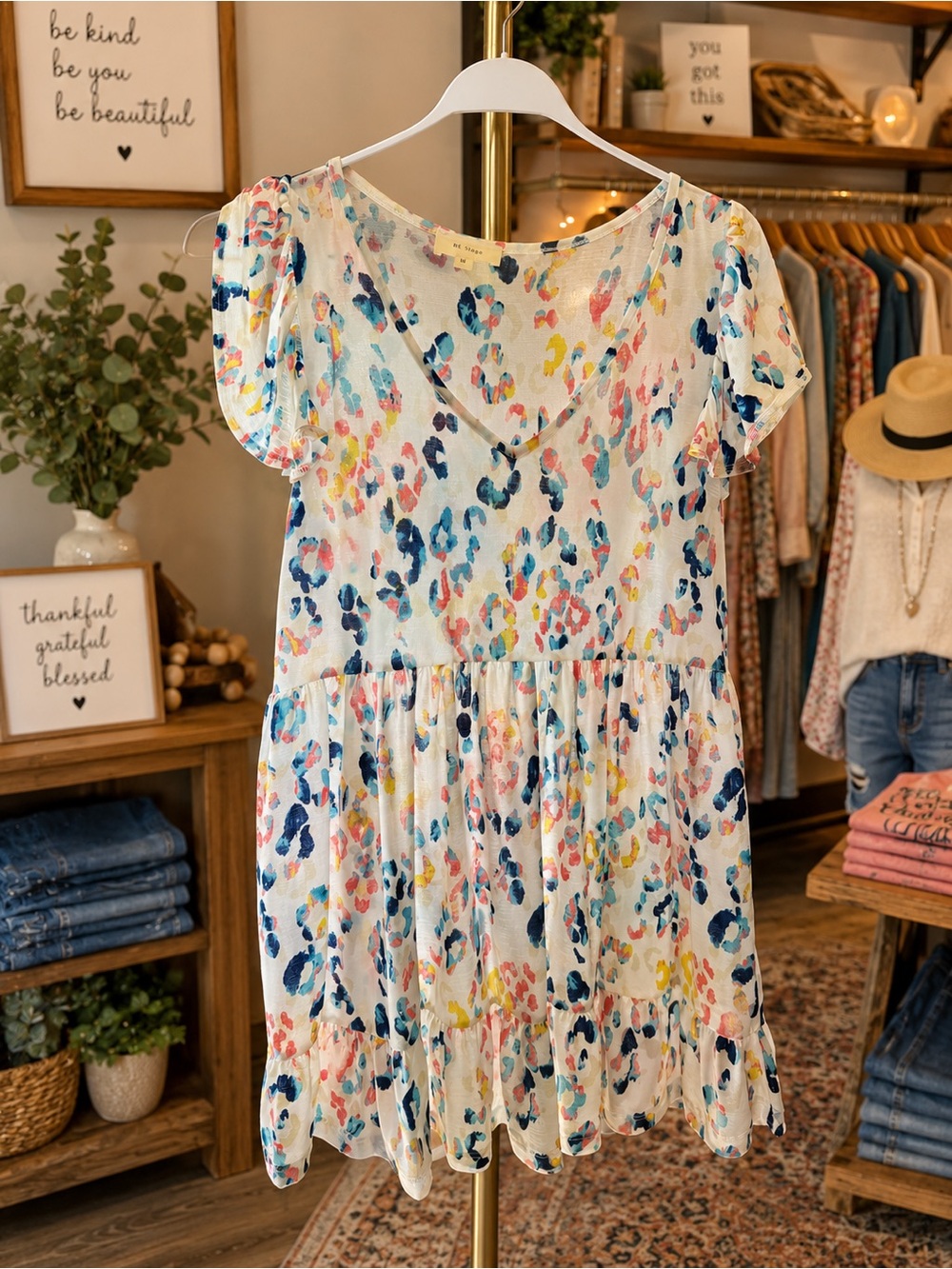 V-Neck Short Sleeve Tiered Blouse in Multi-Color Print